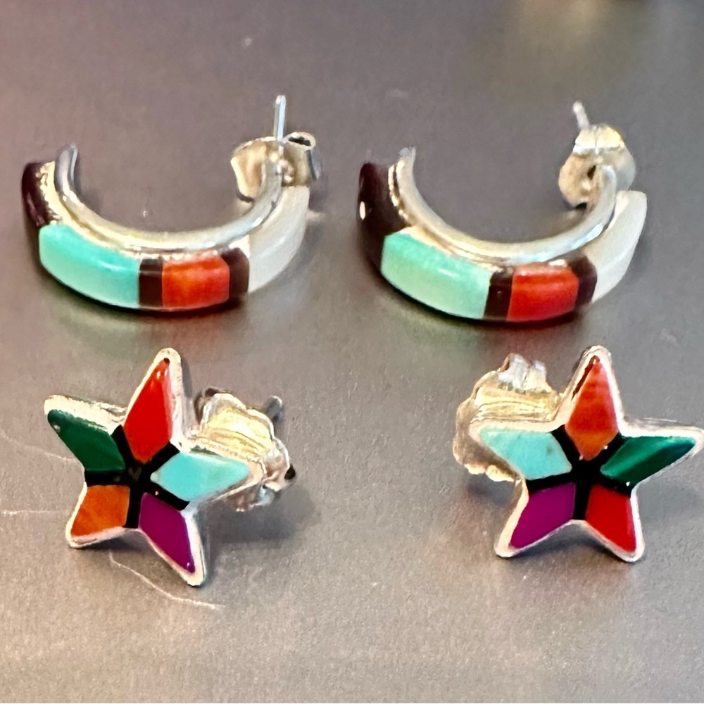 Native American QT multi stone sterling silver stud earrings stars and moons